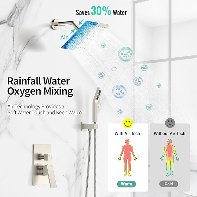 SR SUN RISE Shower Faucet Set - Shower Valve with 8 Inch Rainfall Shower Head and Handheld Shower - Wall Mounted Shower System with Rough In Valve and Shower Faucet Trim Repair Kits - Brushed Nickel