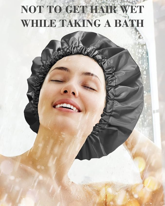 Aquior Shower Cap, Reusable Shower Cap for Women,Men, Waterproof Layer Hair Cap, Large Size for Long Hair, Braids, Curly, or Short Hair, for Girls Spa Home Salon Use (Black)