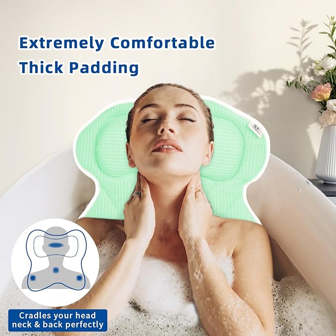 Bath Pillow, Bath Pillows for Tub Neck and Back Support, Bathtub Pillows for Head and Neck with 6 Strong Non-Slip Suction Cups, 4D Air Mesh, Bath Accessories Spa Gifts for Women(Green)