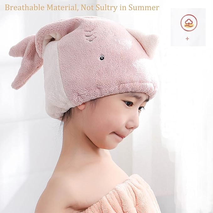 Hair Drying Towel for Kids Girls, Cute Cartoon Absorbent Quick Drying Bath Wrap Set for Bathing, Spa, Swimming Pool, Soft Microfiber Cap for Curly Long & Wet Hair, Pink