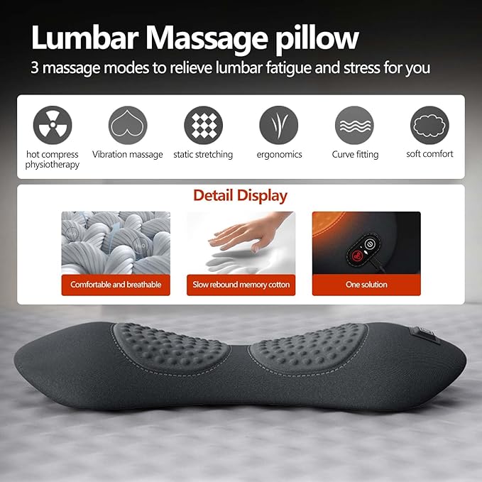 Electric Back Massager for Sciatica Pain Relief, 3-in-1 Lumbar Support Device with Traction & Heat, Soothing Spine Massager for Lower Back Pain Relief, Neck and Back Massage Pillow