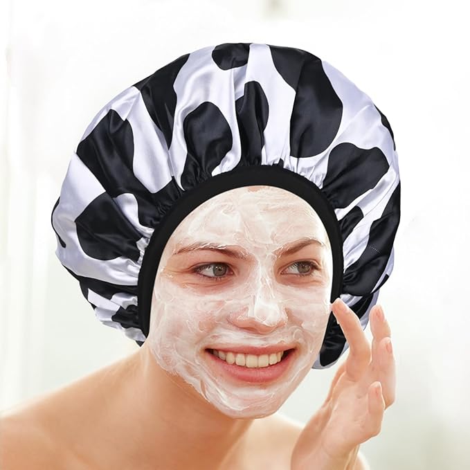 Black Cow Print Satin Shower Cap, Three-Layer Terry Cloth Lined, with Silk Hair Ties, Microfiber Waterproof Reusable Large Size Shower Cap for Women Long Thick Hair