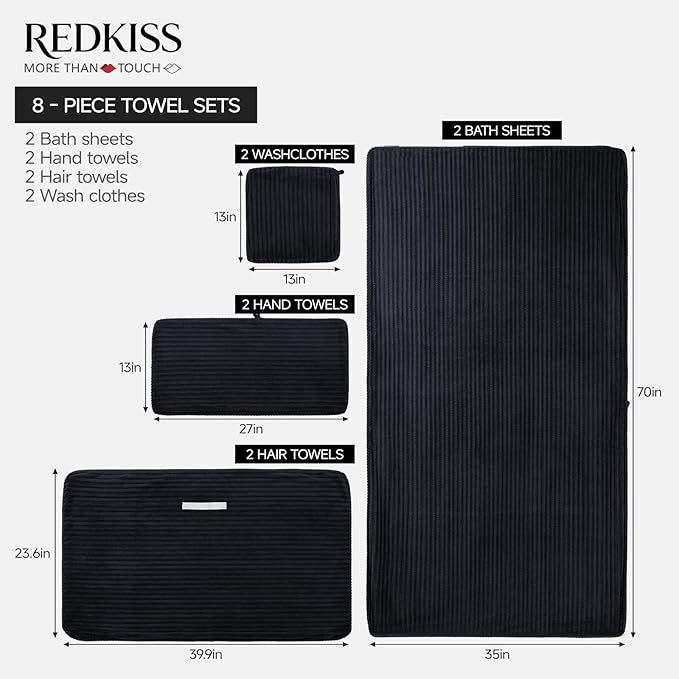 REDKISS Black Bath Towels Set 8 Piece - Microfiber Bathroom Towels of 8 Large, Highly Absorbent Bath Towel, Soft Shower Towel for Bathroom, Hotel 2 Bath Sheet 2 Hand 2 Washcloths 2 Hair Towel Wrap