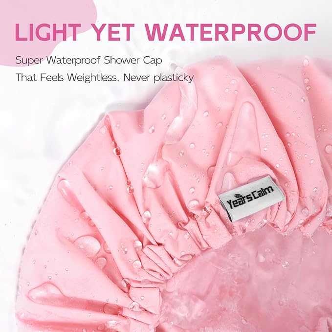 Years Calm Shower Cap for Women Waterproof Reusable – 27g Ultra Lightweight Double-Layer Shower Bonnet, Secure Fit for Long, Curly Hair, Travel & Spa (Pink)