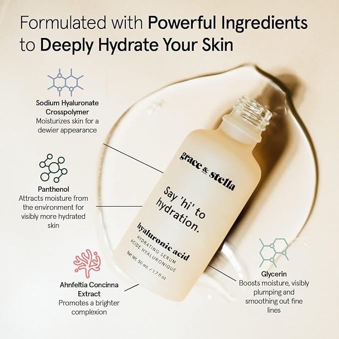 grace & stella Award Winning Hyaluronic Acid Serum (50ml/1.7 fl oz) Hydrating Hyaluronic Acid Serum for Face - Acido Hialuronico for Women - Remove Fine Lines, Wrinkles, Anti Aging - Vegan Skincare