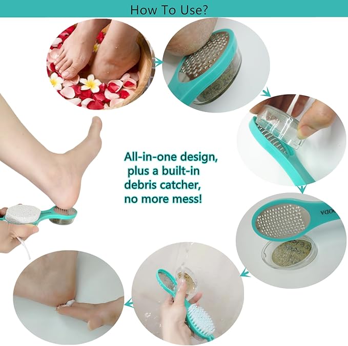 Foot File Callus Remover 5-in-1, 2 Pcs Feet Scraper Pedicure Tools with Pumice Stone, Scrubber Brush, Stainless Steel Foot Rasp and Sand Paper Debris Catcher, Multi Purpose, Cyan