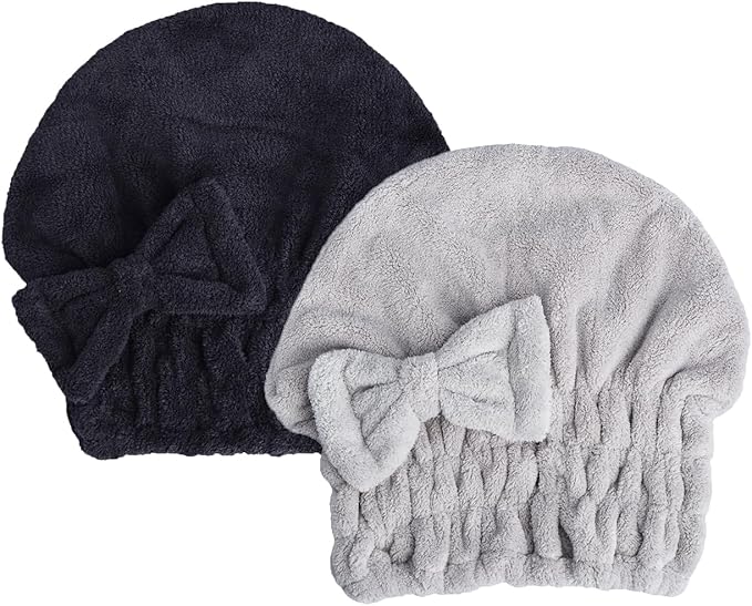 HOPESHINE Microfiber Hair Towel Cap for Women Wet Short or Long Curly Hair Super Absorbent Quick Dry Turbans Anti Frizz Great Gift for Women and Girls (Black+Grey, 2)
