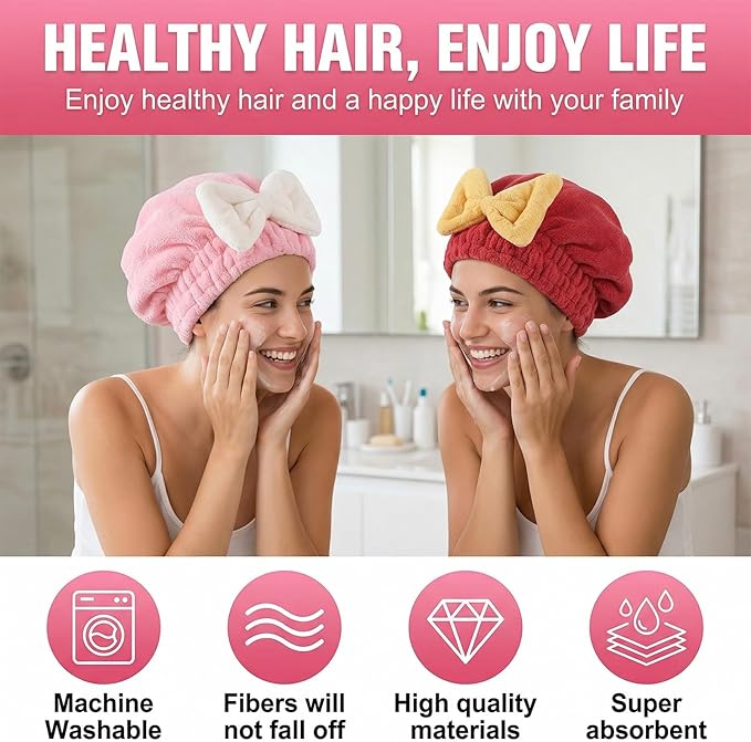 Microfiber Hair Towel Wrap for Women, 3-Pack Super Absorbent Hair Drying Cap with Cute Bow, Anti-Frizz Plopping Towel for Curly and Long Hair, Fast Drying Hair Turban for Shower, Spa, Makeup