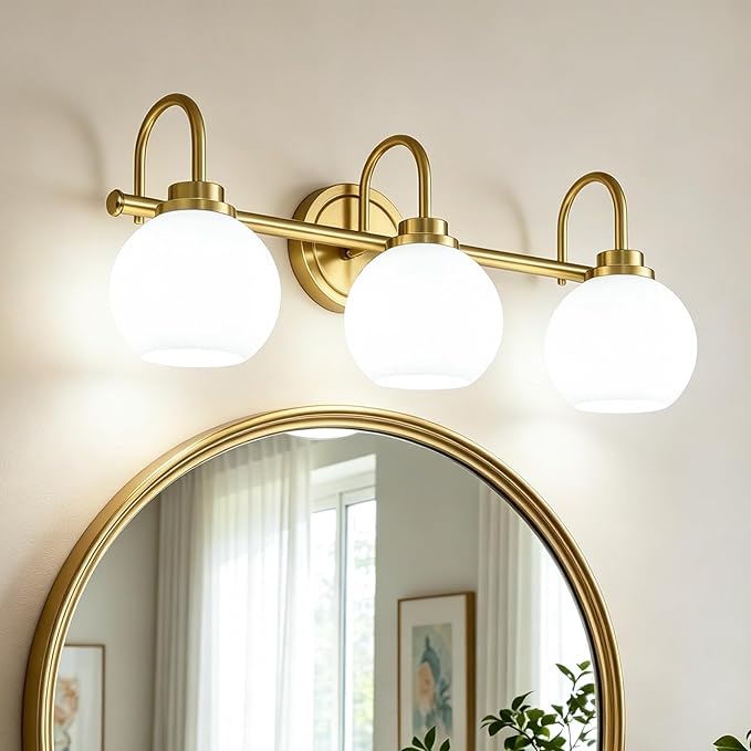 AKEZON Bathroom Light Fixtures 3-Light Brushed Gold Vanity Light, Modern Bathroom Wall Sconce with Milky White Frosted Glass Shade for Mirror Bedroom Hallway
