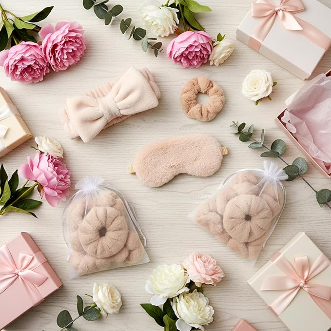 Mimorou 48 Pieces Spa Party Supplies Gift for Mother's Day 12 Spa Headband 12 Plush Sleep Eye Mask 12 Velvet Scrunchies 12 Organza Bags for Sleepover Slumber Party Graduation Gift(Beige)