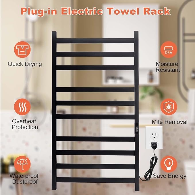 Towel Warmer Heated Towel Rack-Bar - Nopwer Bathroom Wall Mounted Electric Towel Drying Matte Black 10 Bar Plug-in