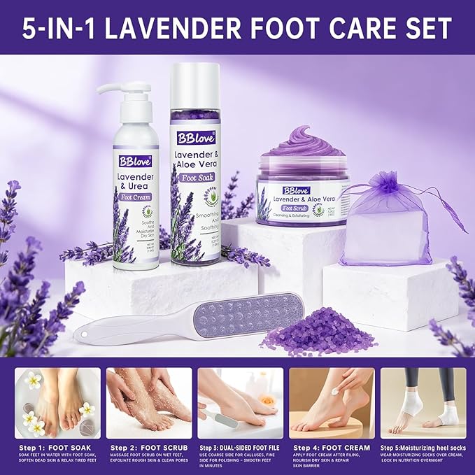 Lavender Foot Soak Set – Foot Spa Kit for Women, Pedicure Kit at Home with Salt, Scrub, Foot File & Moisturizing Gel Socks – Spa Gift Set for Dry, Cracked Feet