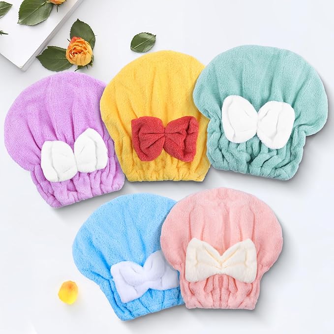 Microfiber Hair Drying Caps, 5-Pack Extra Soft and Ultra Absorbent Fast-Drying Hair Turban Wraps, Shower Caps for Girls and Women with Cute Bowtie Design（11" L x 10" W）