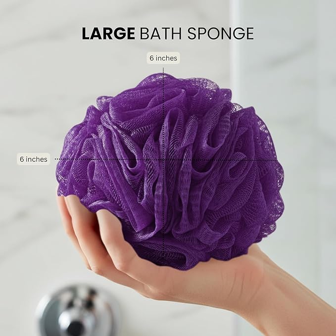 Large Purple Bath Sponge Pack of 3 – Gentle Exfoliation Loofahs with Suction Cup for Easy Drying, Soft 70G Mesh Poufs for All Skin Types, Lather for Daily Use