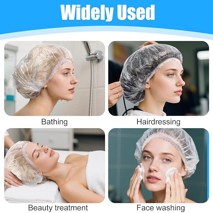 200 Pcs Disposable Shower Caps,17 Inch Waterproof Plastic Shower Cap for Women,Clear Plastic Hair Caps,Elastic Large Thick Hair Bath Caps for Travel,Salon,Travel,Spa