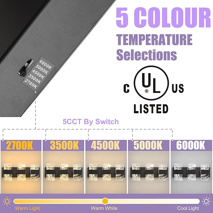 Modern LED Bathroom Light Fixtures Dimmable 3-Light Black Vanity Light, 5CCT Adjustable Lighting Fixture Vanity Lights Over Mirror, Smoked Acrylic LED Vanity Lights for Bathroom