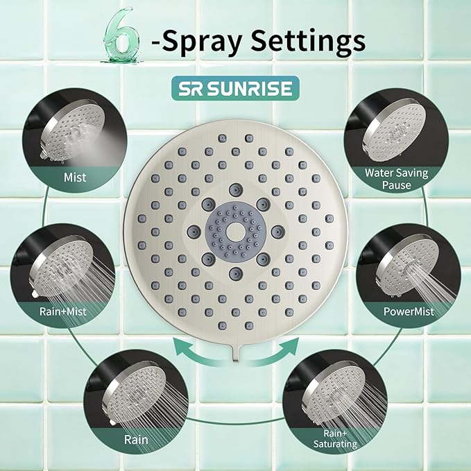 SR SUN RISE Filtered Shower Head - High Pressure Rain Shower Head with 20-Stage Filter,6 Spray Modes for Hard Water Softener, Remove Chlorine & Heavy Metals (Brushed Nickel, 5.6 Inch Round)