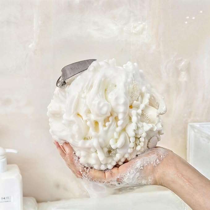 Large Luxurious Bath Ball Loofah Sponge Pouf Puff Mesh for Shower - Soft, Quick-Dry Exfoliating Foaming Deep Cleansing Body Scrubber - White