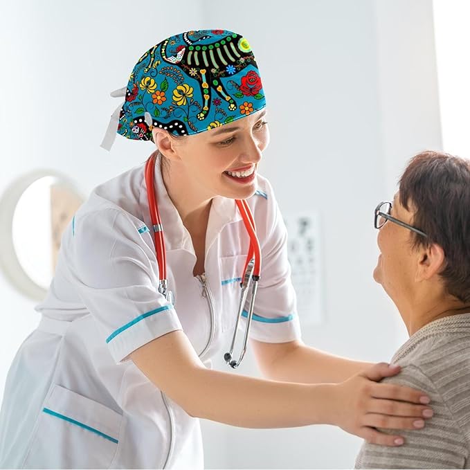 Ethnic Aztec Pattern Adjustable Scrub Cap Hat with Button, Working Hat Sweatband with Bow Hair Scrunchy for Woman