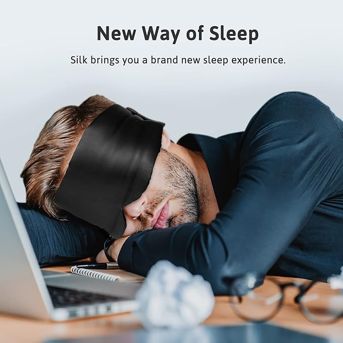 Silk Sleep Mask for Women Men, Mulberry Silk Eye Sleeping Mask & Blindfold with Adjustable Strap, Blackout Eye Cover for Sleep Travel Yoga Nap, Large Size, Black