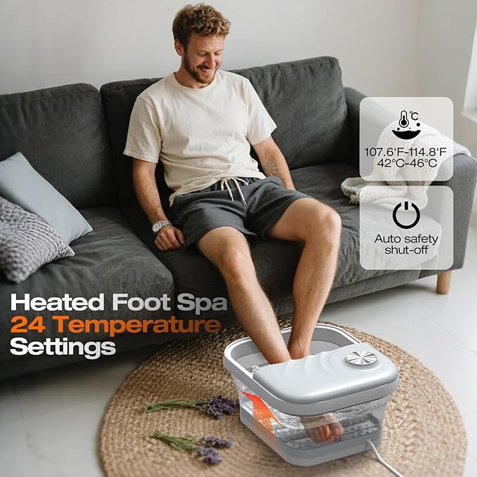 2025 New Collapsible Foot Spa with Heat, Foot Bath Massager with Bubble, Red Light, Temperature Control, 6 Shiatsu Massage Rollers, Pedicure Foot Spa for Feet Stress Relief