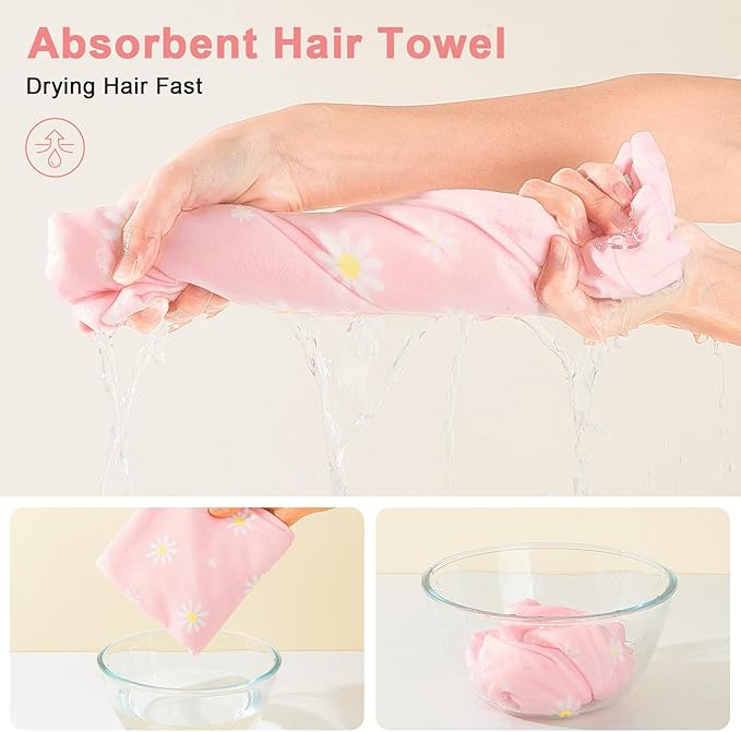Unicorn Castle Microfiber Hair Towel for Kids 2Pack Hair Wrap Towels Absorbent Hair Drying Towel Wrap Hair Turbans for Curly Thick Hair, Purple Pink Daisy