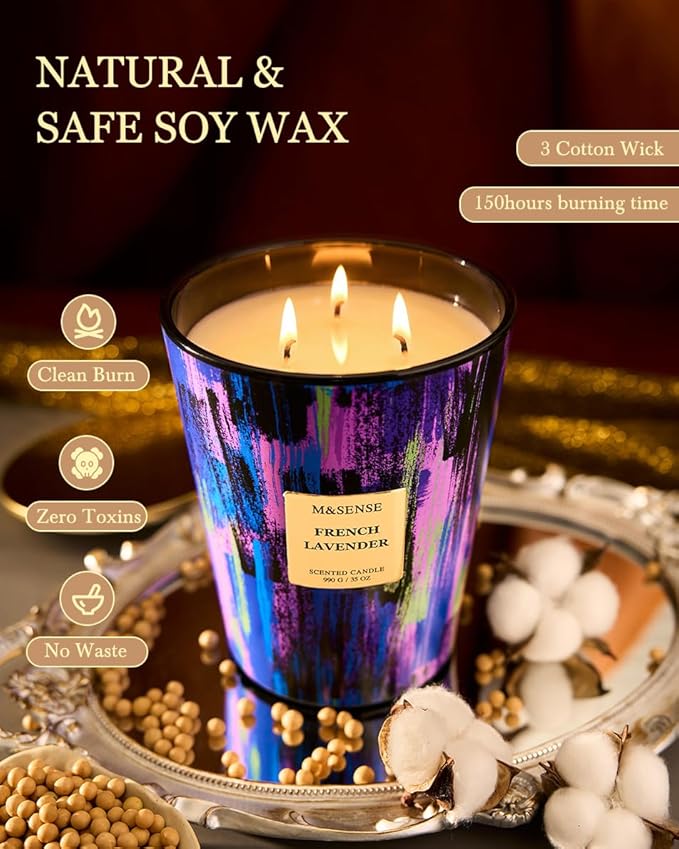 M&SENSE Wild Lavender Large Jar Scented Candle, 35oz 150H Non-Toxic Natural Soy Wax, Aromatherapy for Yoga & Sleep, Spring Decor, Mother's Day Self Care Gifts