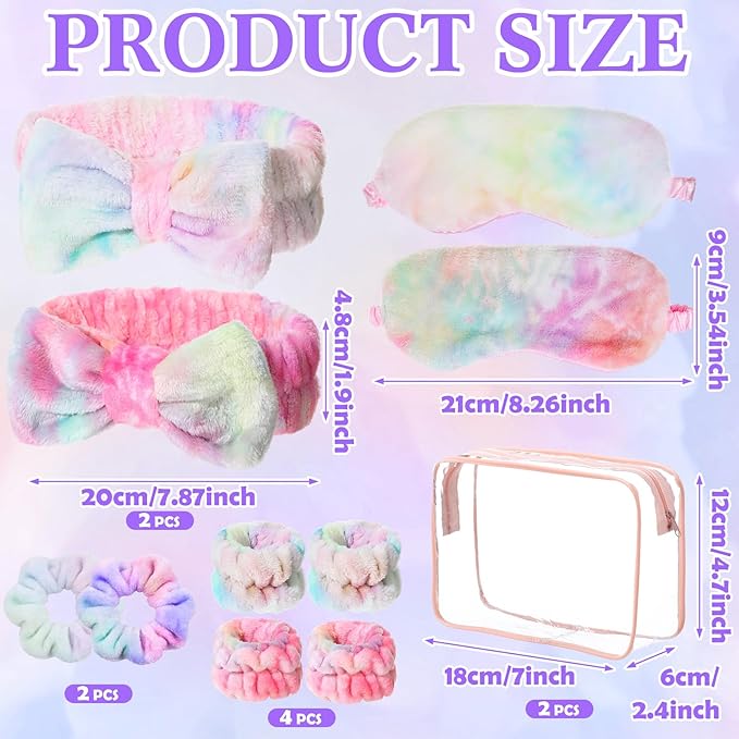 Hoteam 10 Pcs Spa Party Supplies Gift for Mother's Day Sleepover Party Favor Spa Headband Wristband Sleep Eye Mask Velvet Scrunchies for Skin Care Makeup Slumber Night Favor(Tie Dye Rainbow)