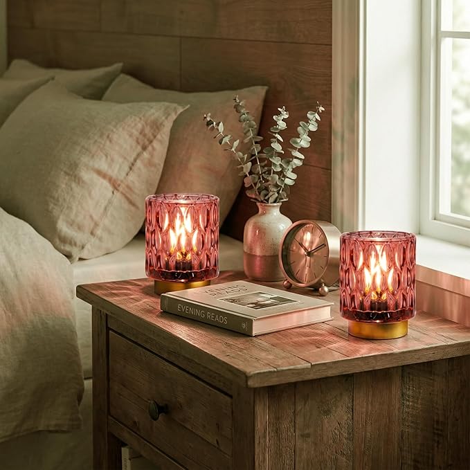Battery Operated Table Lamps Timer, Mini Crystal Lamp for Area No Plug, Cordless Lamp with LED Bulb for Power Outage, Decorative Lamps for Tabletop/Corner/Entryway/Stairway/Bathroom/Fireplace (2 Pink)