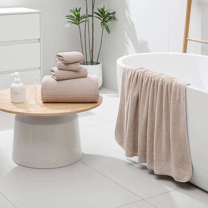 YTYC 39x78 Bath Sheets Extra Large Bath Towels Set for Adults Super Soft Absorbent Striped Microfiber Oversized Bathroom Towels - Beige, 6 PCS