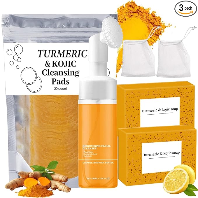 4Pcs Turmeric Wash and Care Three Piece Set,Tuemeric Facial Cleanser & Turmeric Soap Bar & Turmeric Face Scrub Pads,Face & Body Cleanser,Turmeric Cleansing Skincare Set, Deep Cleansing