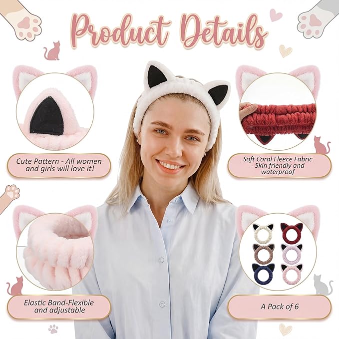 6-Pack Cat Ears Headbands Soft Coral Fleece Hair Band for Face Washing, Makeup, Skincare, Spa, Multi-Color Animal Headbands for Women and Girls Gift