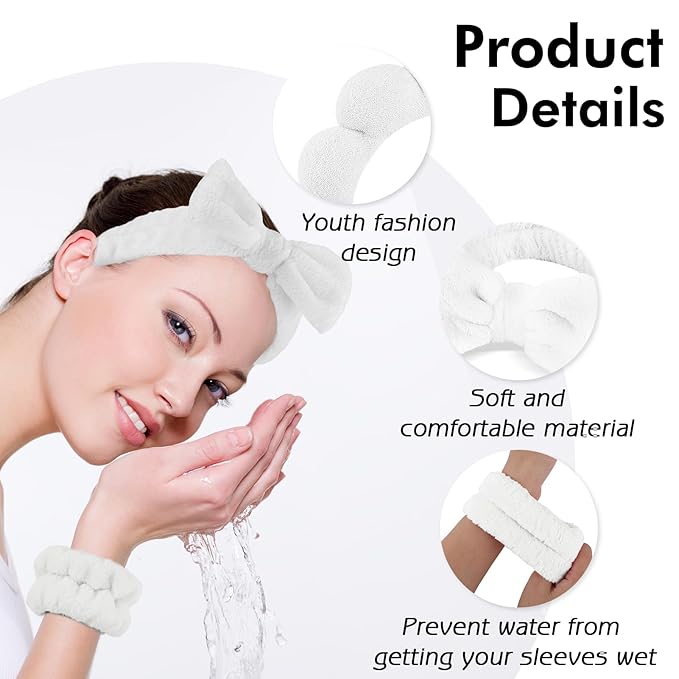 Zkptops 6Pcs Spa Headband for Washing Face Wristbands Set Women Bubble Makeup Sponge Terry Cloth Padded Puffy Skincare Headband Bow Tie Hairband Cute Non Slip Thick Hair Accessory Gifts (White)