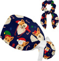Adjustable Brown Dachshund Dog Blue Surgical Scrub Cap with Button,Sweatband for Women with Bow Hair Scrunchy