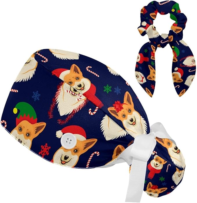Adjustable Brown Dachshund Dog Blue Surgical Scrub Cap with Button,Sweatband for Women with Bow Hair Scrunchy