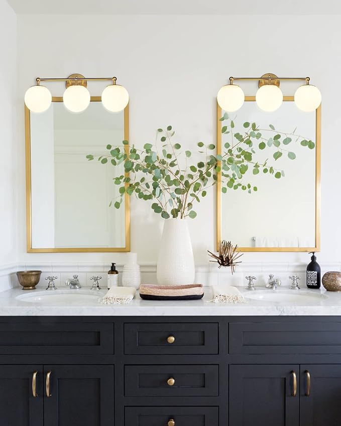 AKEZON Gold Vanity Light for Bathroom, Modern Bathroom Light Fixtures Over Mirror Brushed Gold Vanity Lights 3-Light Wall Sconce with Milky Glass Globe Shade for Mirror Living Room Bedroom Hallway
