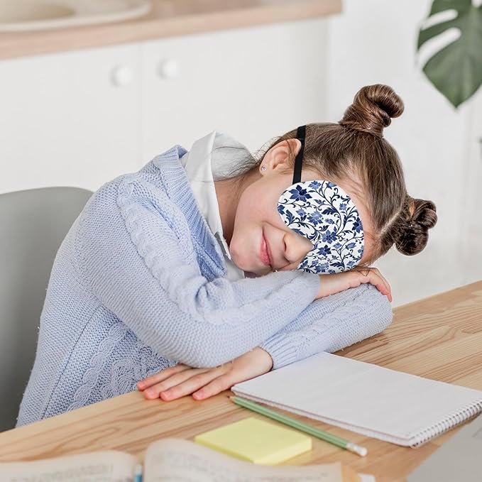 Blue and White Porcelain Silk Eye Mask for Sleeping, Adjustable Strap Night Sleep Mask for Women Girls, Airplane Travel Nap, Blue Flowers Sleeping Mask Eye Cover