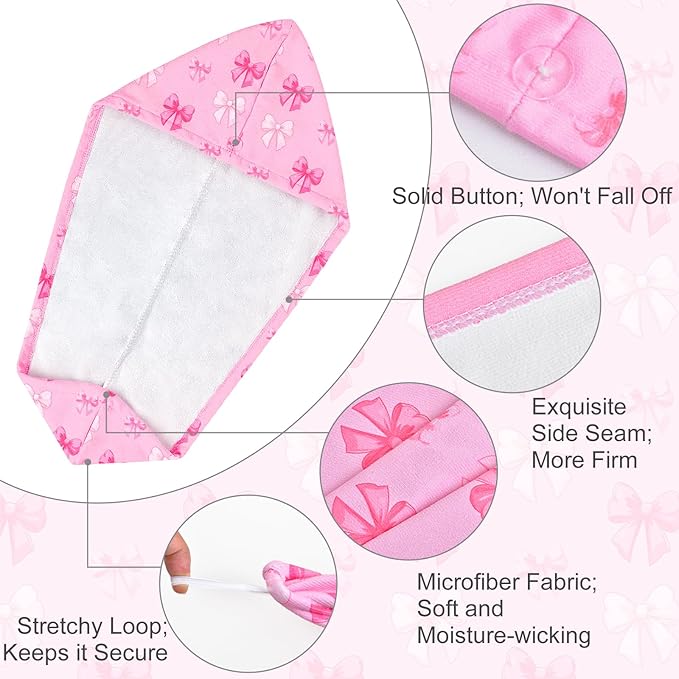 Microfiber Hair Towel Wrap for Kids 2 Pack Quick Drying Hair Towels with Button Hair Turbans for Wet Hair Absorbent Quick Dry Wraps Head Towel Wrap for Women and Girls, Pink Purple Bow