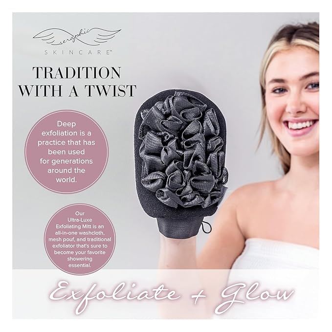 Seraphic Skincare Ultra-Luxe Exfoliating Mitt for Traditional Korean Exfoliation – Body Exfoliator with Mesh Shower Gloves for Gentle Cleansing, Viscose Fiber Loofah to Exfoliate and Rejuvenate Skin