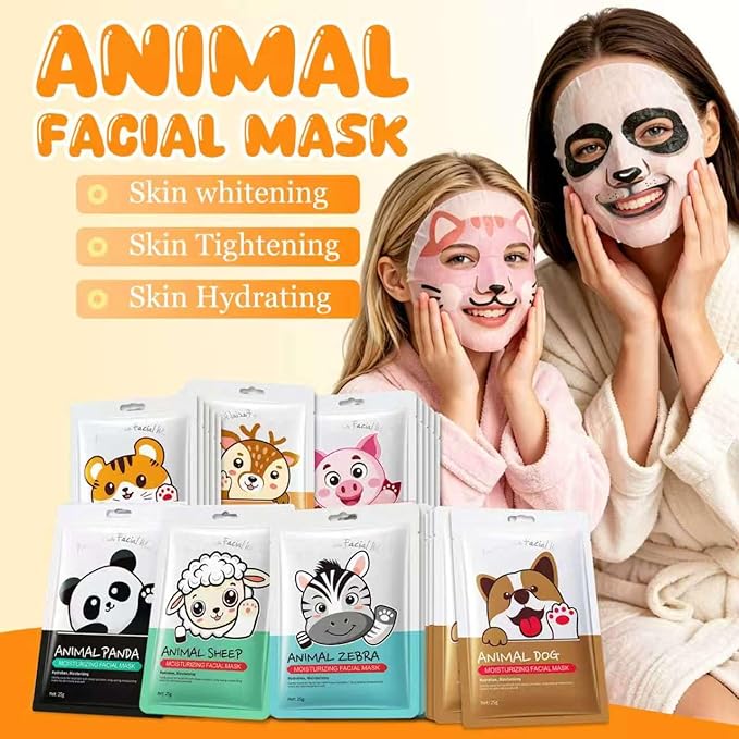 7 Packs Cute Animal Character Design Facial Masks, Deep Hyrating Spa Masks for All Skin Types, Gift for Kids' Birthady Party, Girl's Night, Enjoy Skincare Life