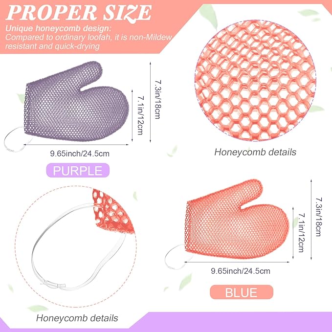 Karenhi 2 Pcs Honeycomb Exfoliating Glove Bath Mitt Body Spa Scrubber, Honeycomb Exfoliator Glove for Body Shower, Scrubber Sponge Shower Loofah, Quick Drying(Pink,Purple)