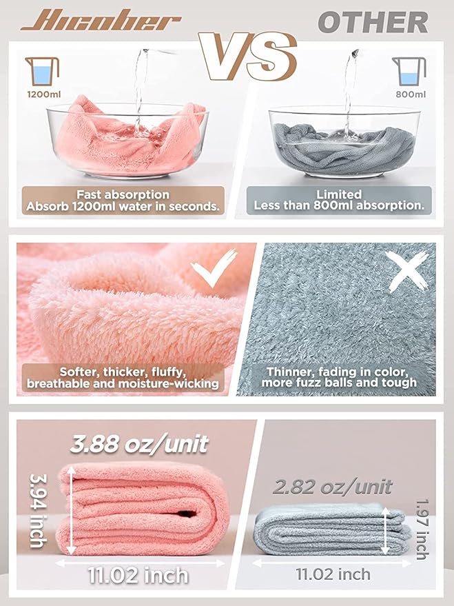 Hicober Microfiber Hair Towel Wrap, Fast Drying Hair Towels for Women, Soft Lightweight Quick Dry Turban for Curly & Long Hair–3 Pack(Blue/Grey/Pink)