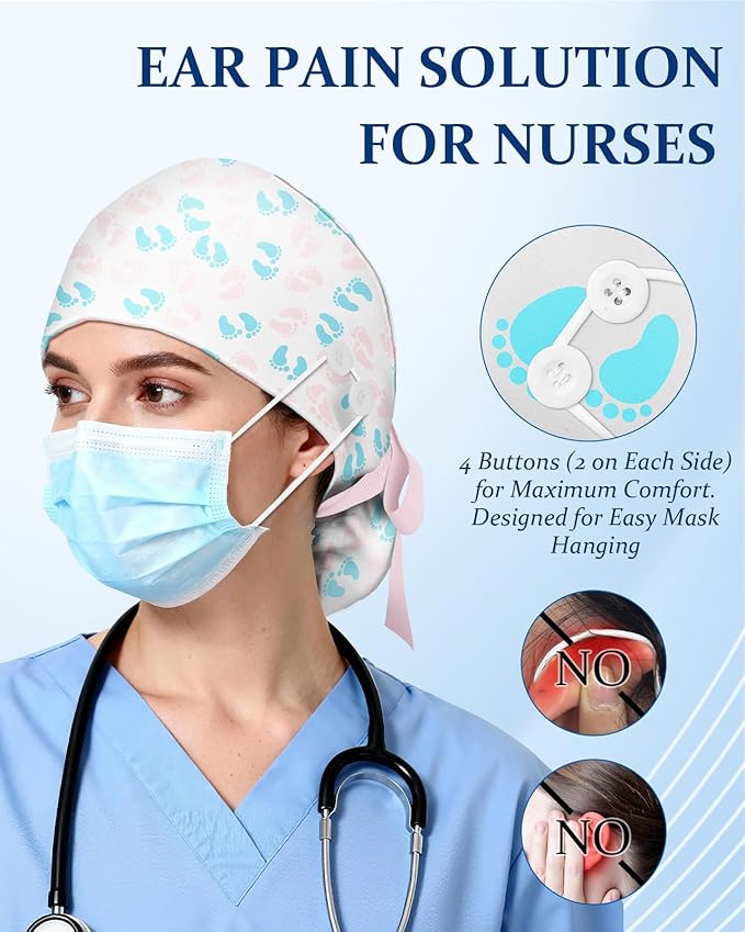 Plifal 100% Cotton Scrub Cap with Buttons-Nurse Cap with Sweatband for Women, Adjustable Working Hat,Satin Lined or Unlined