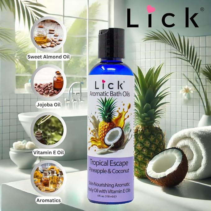 Lick Pineapple and Coconut Aromatic Bath Oil - Tropical Escape Aroma - Soothing Bath Soak Oils, 4 oz