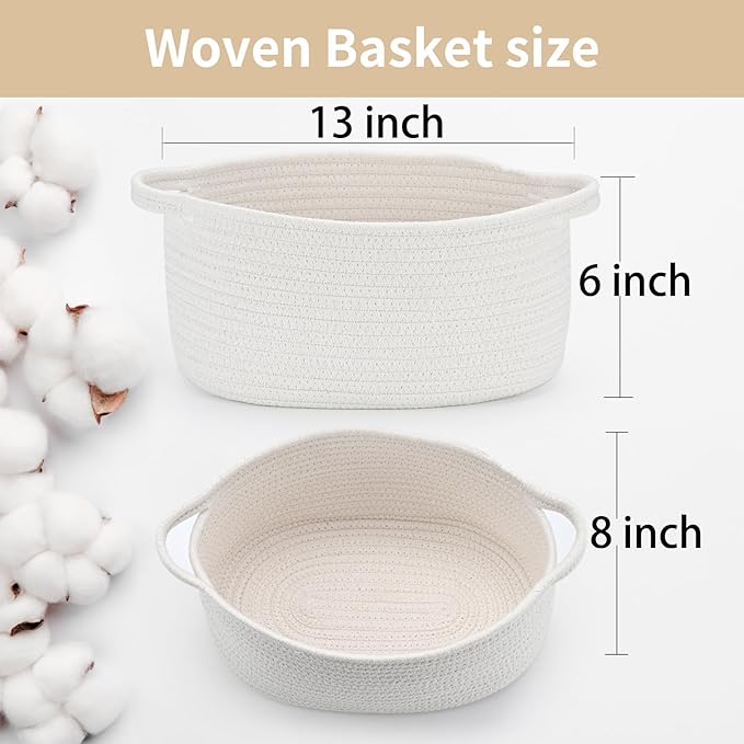 Happyiren Cute Woven Cotton Rope Basket with Handle Empty Decorative Gift Basket for Baby Shower, Graduation, Mother's Day, Nursery Storage 13" Dia x 6" H