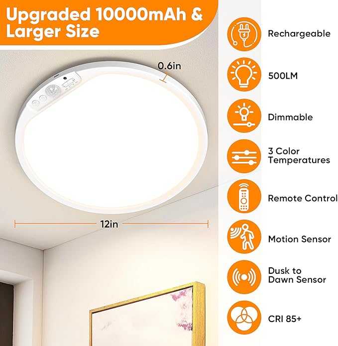 10000mAh Rechargeable Motion Sensor Ceiling Light with Remote, Battery Operated Closet Light No Wiring, Magnetic Wireless LED Ceiling Lights, 3 Color Overhead Lamp for Shower Office Pantry Hallway