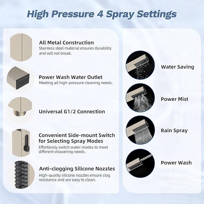 Hibbent 13'' cUPC Certified Shower Head Combo, High Pressure 5-spray Rainfall Showerhead, Stainless Steel 4 Sprays Handheld, All Metal 4-way Diverter Extension Arm, 71'' Hose & Holder, Brushed Nickel