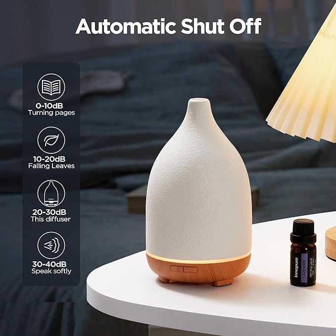 InnoGear Oil Diffuser, 150ML Ceramic Diffuser for Essential Oils Handcrafted Aromatherapy Diffuser Mother's Gift Ultrasonic Cool Mist Humidifier with 2 Mist Modes Waterless Auto Off for Home, White