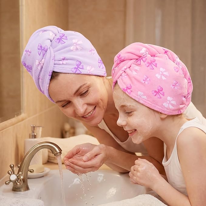 Microfiber Hair Towel Wrap for Kids Hair Drying Towel Wrap with Button 2 Pack Wet Hair Towel Wrap Head Towels Wrap for Girls
