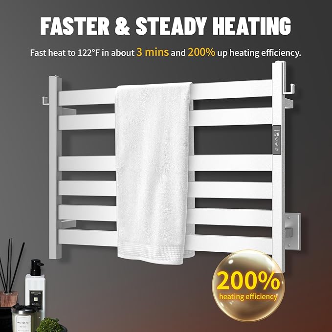 K&KALONZO Towel Warmer for Bathroom, Wall-Mounted 6-Bar Heated Towel Rack with Built-in Timer, Waterproof Electric Towel Heater, Support Plug-in and Hardwired, Polished, EL18M
